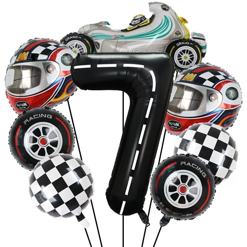 8 Pcs Race Car Theme Number Foil Balloon Set 40Inch Digit Motor Helmet Wheel Tire Racing Balloons Boy Birthday Decoration Baby S