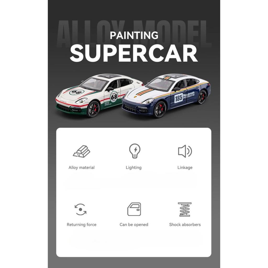 Spray 1/24 Porsche Panamera Supercar Model with Sound Light Collection Miniature Voiture Diecast Toy Vehicle Children Boy Gift Hobby