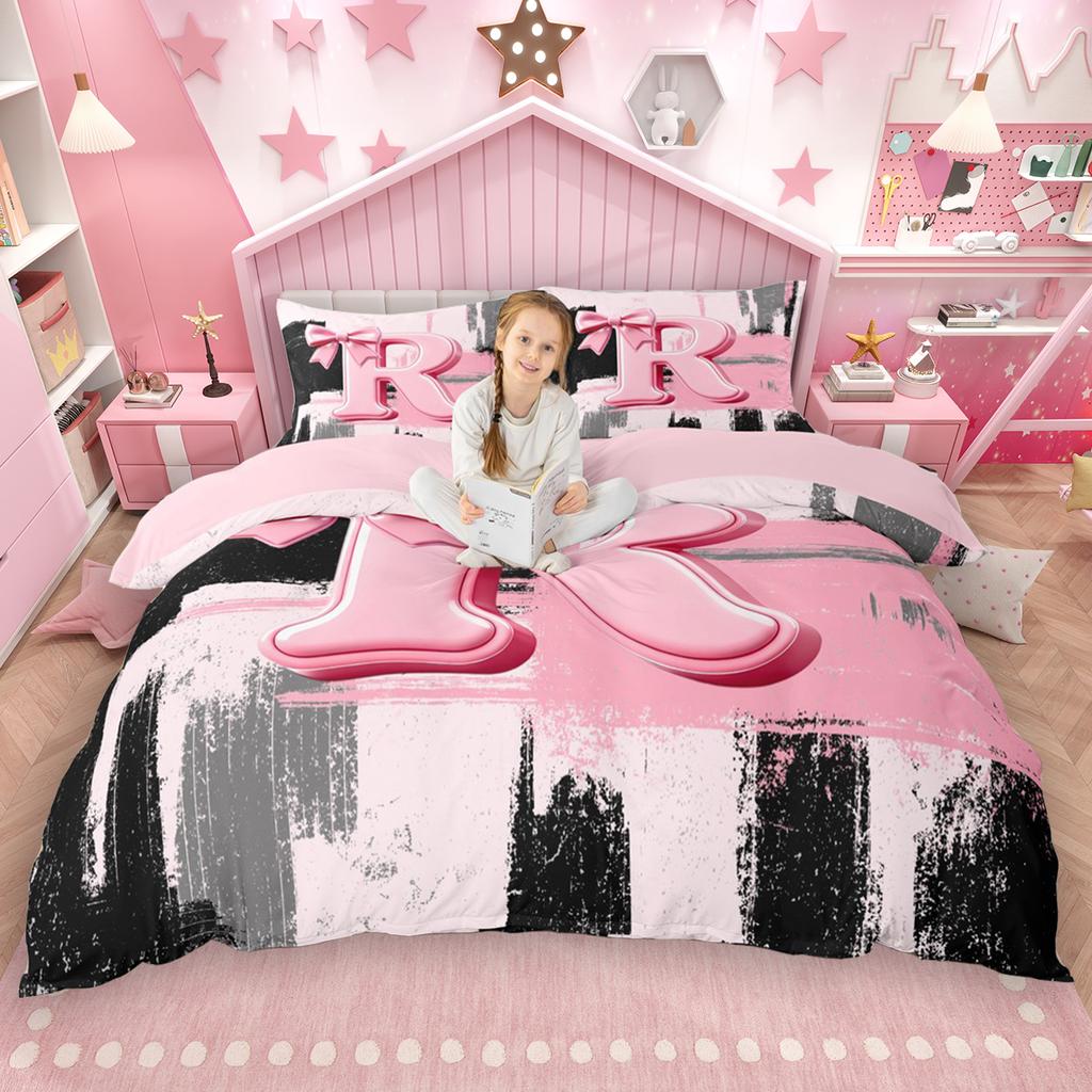 Homewish Girls Bow Monogrammed Duvet Cover Set 2Pcs/3Pcs Black Pink Ombre Bedding Set Personalized Letter A To T Quilt Cover