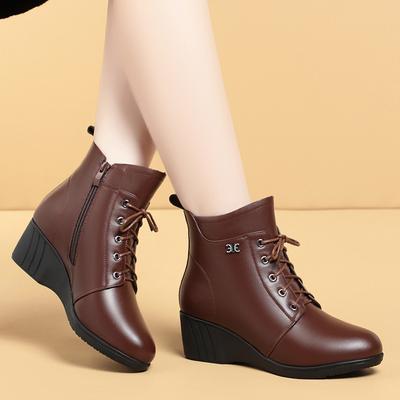 Mama Warme Lederstiefel Damen Winter Dicke Sohle Keilabsatz Baumwollschuhe Lässig Komfort Seitlicher Reißverschluss Walking Flats Botas Femininas