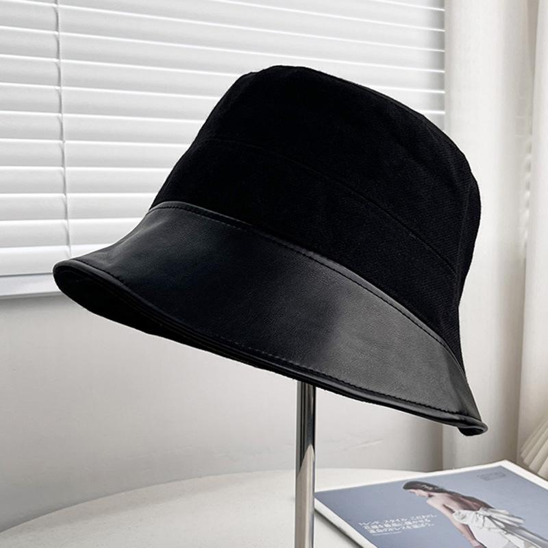 New pu leather splicing bucket hat women's autumn and winter big head circumference sunshade bucket hat wide brim basin hat