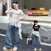 Girls' Trendy Backless T-Shirt & Jeans Set with Lace Jazz Dance Cover