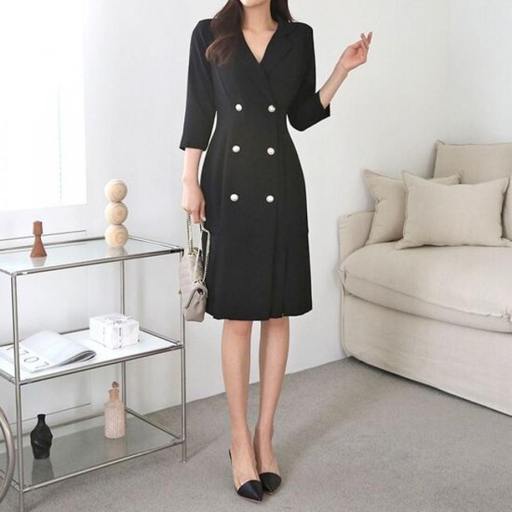 Style Latte Classic Double Pearl Button Pleats 7 8 H Line Dress
