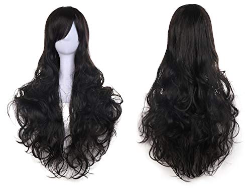 

Pumpkin Parade Wig 3-Piece Set, Long Curly Wavy Hair, Full Set with Stand, Pure Black