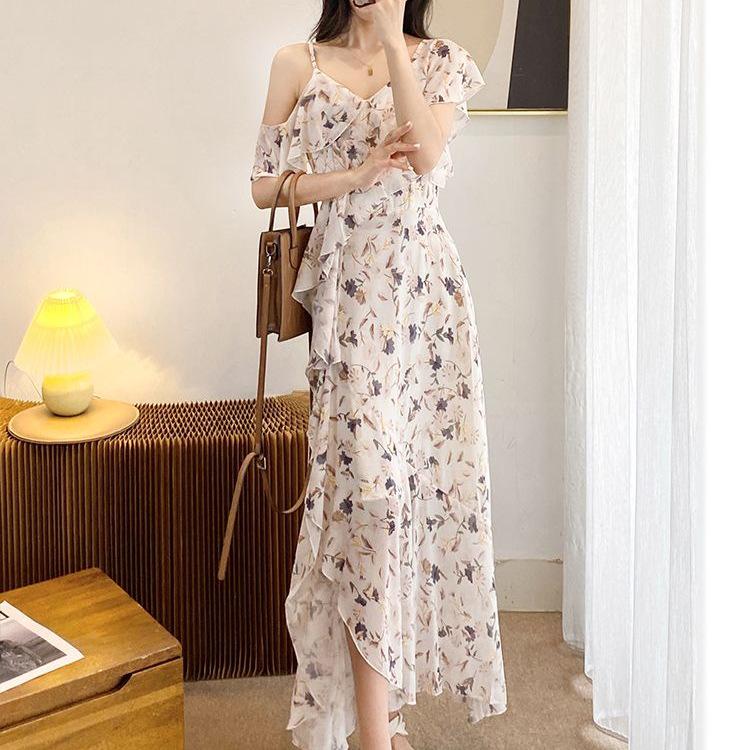 Retro Floral Off-the-Shoulder Spaghetti Strap Summer Dress