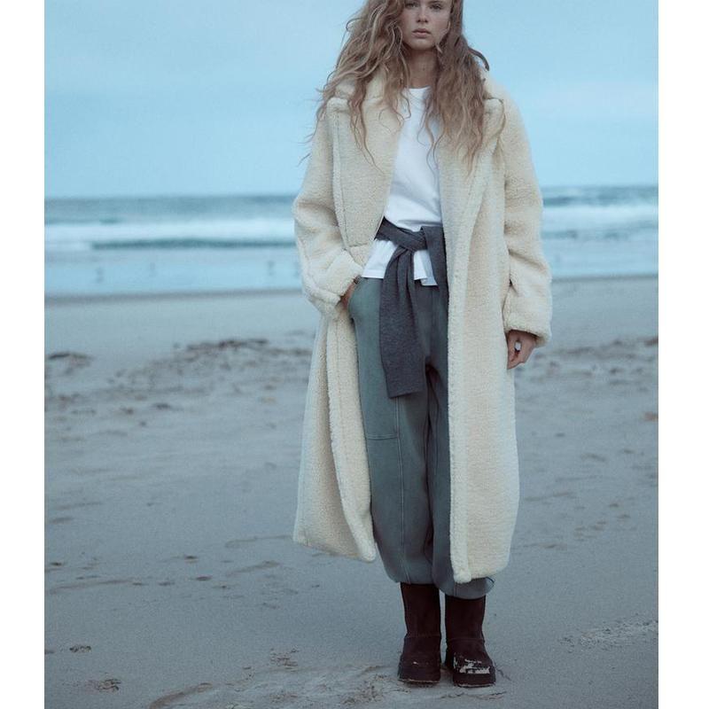 Fall and Winter New Women's Clothing Idle Style Heattech Lapel Long Sleeves Fleece Long Overcoat Outerwear 1255856