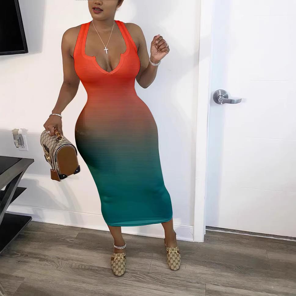 Sexy Gradient V-neck Bodycon Midi Dress - Elegant European & American Style Women's Clothing