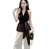 Womens Black Backless Halter Sleeveless Shirt Chic Slim Fit Tie Waist Blouse