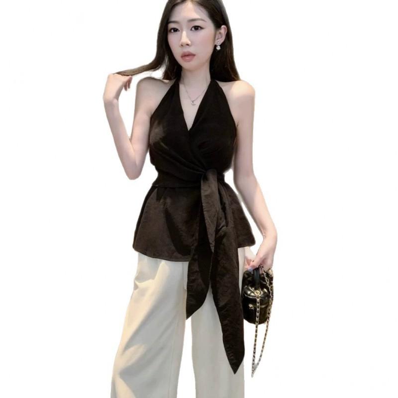 Womens Black Backless Halter Sleeveless Shirt Chic Slim Fit Tie Waist Blouse