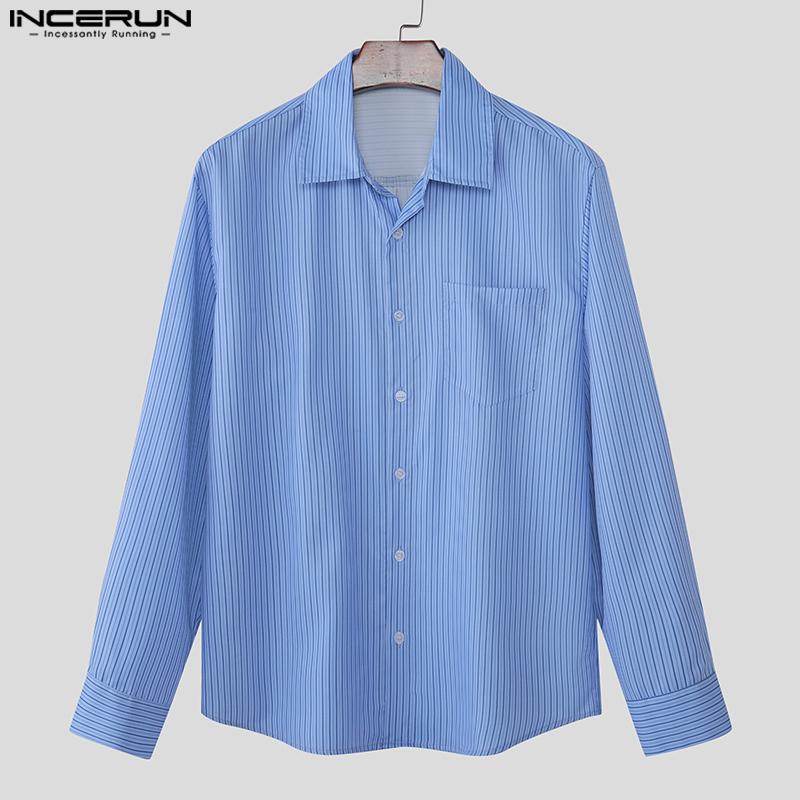 INCERUN Oversized Men Lapel Neck Long Sleeve Striped Casual Buttons Up Shirts