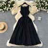 Summer Vintage Black Beading Collar Solid Sleeveless Long Midi Tank Party Dresses