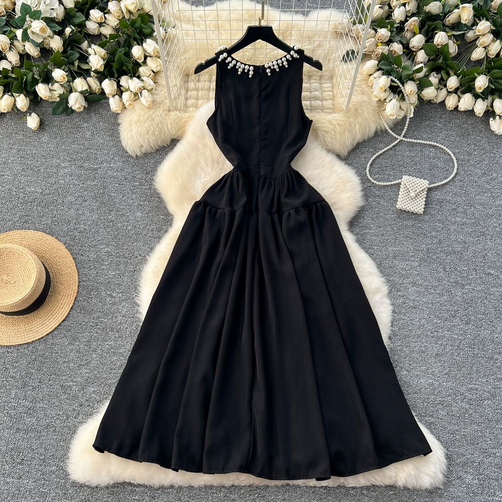 Summer Vintage Black Beading Collar Solid Sleeveless Long Midi Tank Party Dresses