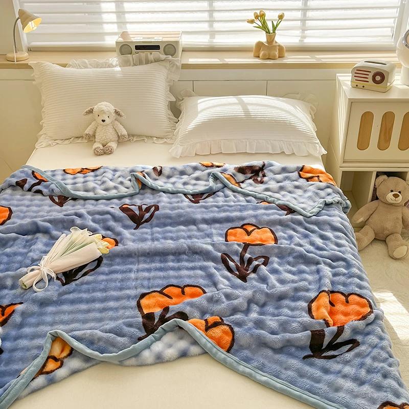 Cartoon Pink Love Print Milk Velvet Throw Blanket Super Soft Warm Plush Blue Blanket Travel Multifunctional Decorative Blankets