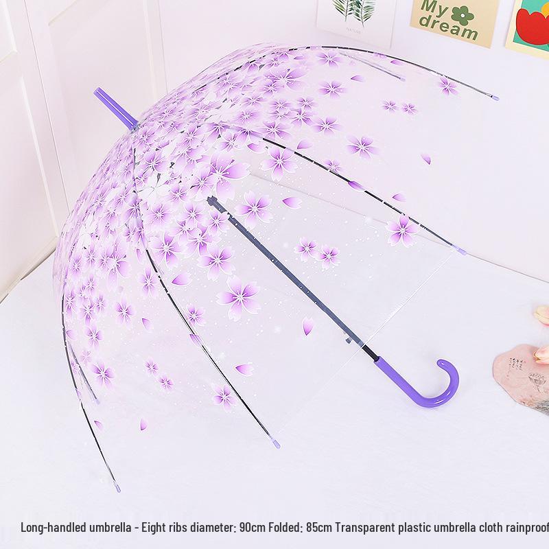 Japanese Forest Style Transparent Cherry Blossom Umbrella with Arched Long Handle for Students