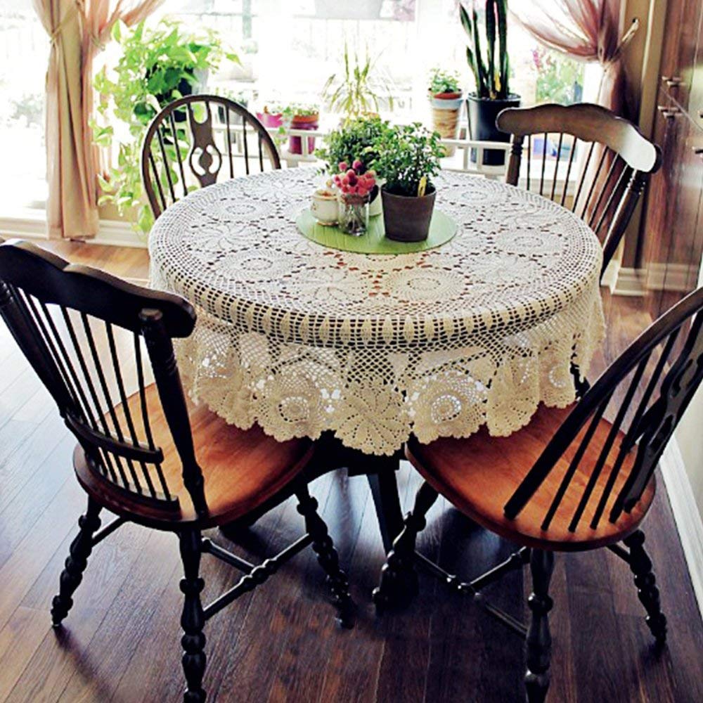 Yizunnu Beige 51-inch Diameter Round Handmade Crochet Tablecloth (Size Customizable)