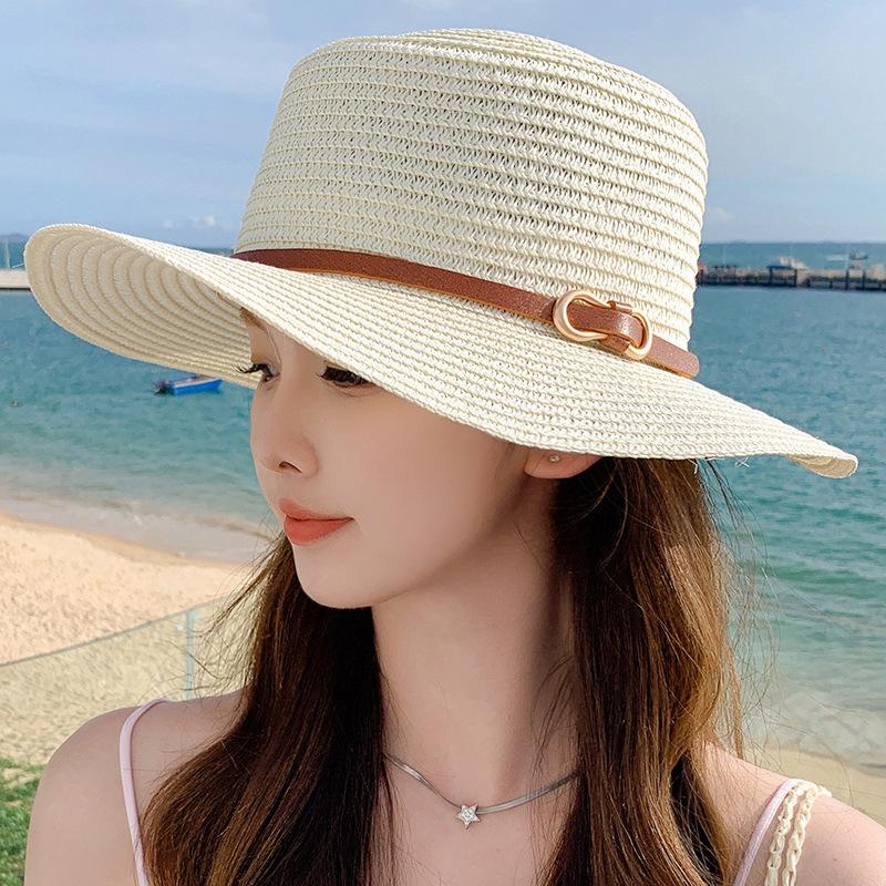 Summer Straw Sun Hat - Stripe Crafted Grass Material, Sun Protection, Inelasticity, No Feathers, Perfect for Travel and Beach - British Flat