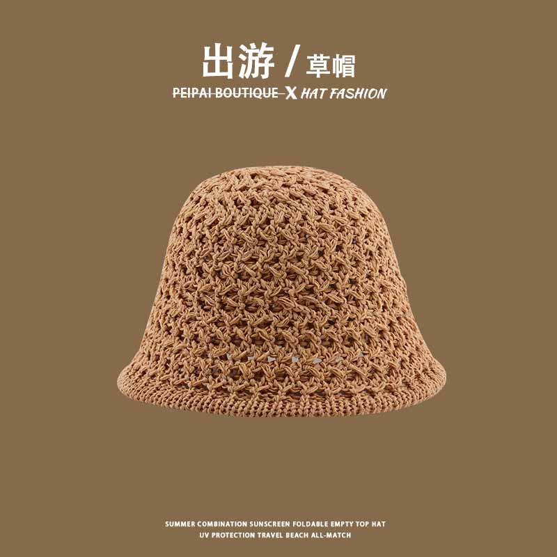 Women's Straw Hat Woven Sunshade Beach Hat Summer Hollow Breathable Bucket Hat Beach Sunshade Hat