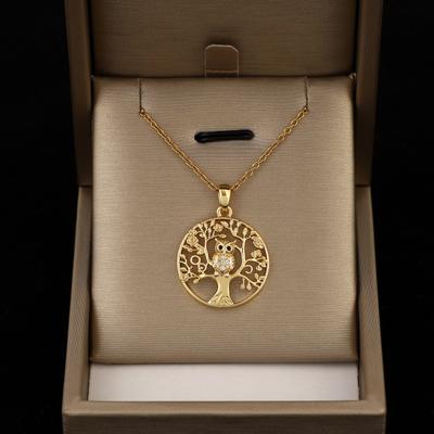 Female Cute Owl Pendant White Zircon Life Tree Necklaces For Women Vintage Gold Color Chain Animal Jewelry Mother's Day Gifts