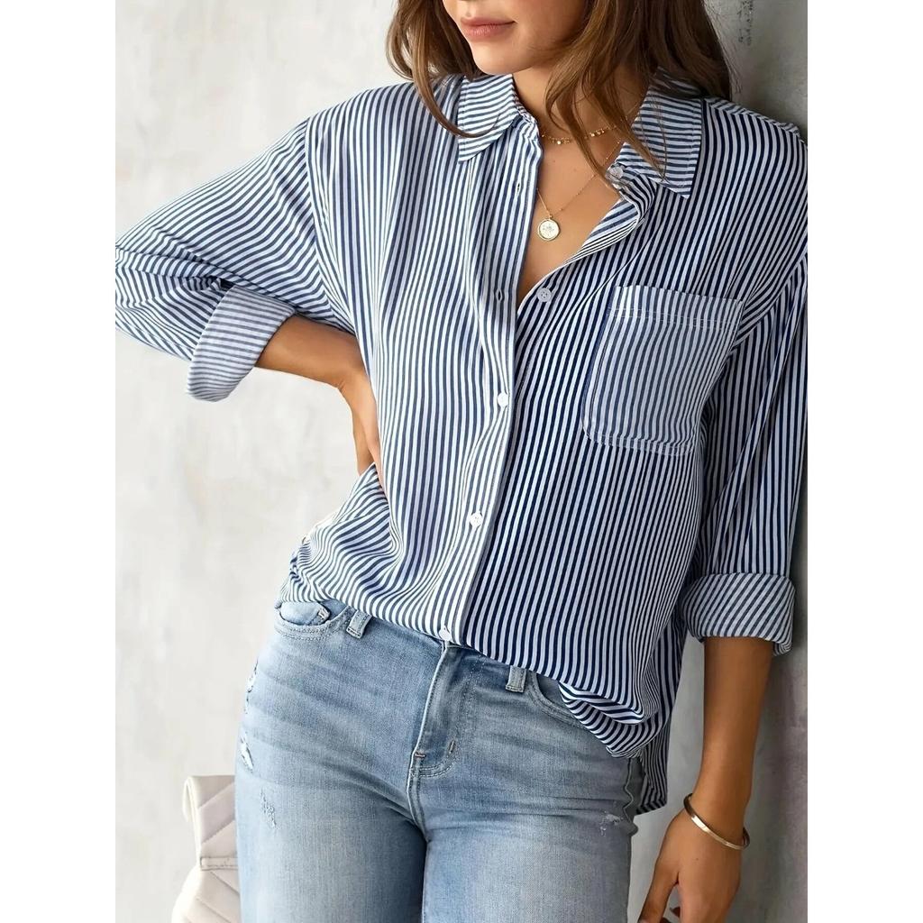 Printed Striped Cardigan, Casual Fashion Shirt, Loose Striped Women's Shirt, Work Shirt, Casual Long Sleeved Shirt