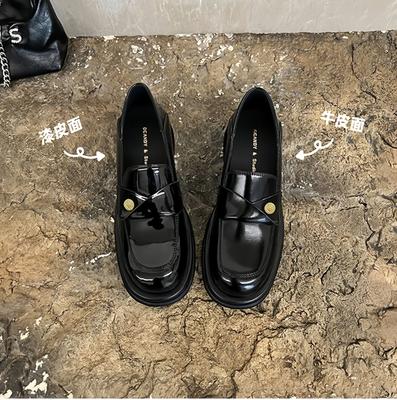 Version cuir de vache~ Mocassins à pièces d'or en cuir véritable intérieur et extérieur pour femmes, nouvelles chaussures en cuir noir à petit talon épais paresseuses de printemps