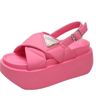 Women 8CM High Platform Sandals Wedge Hollow Mules Shoes Casual Chunky Sneakers Woman Summer  Leather Beach Slippers Pink Heels