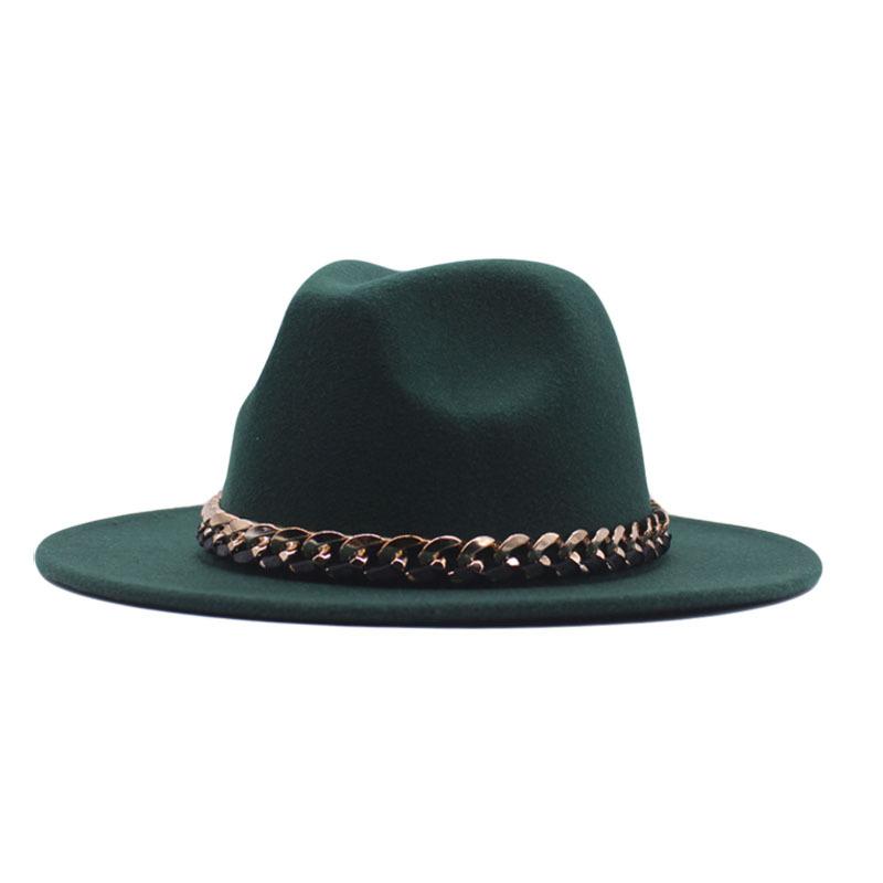 European, American Autumn and Winter British Style Fashionable and Elegant Flat-brimmed Big Eaves Hat Top Hat Men and Women Chain Jazz Woolen Hat