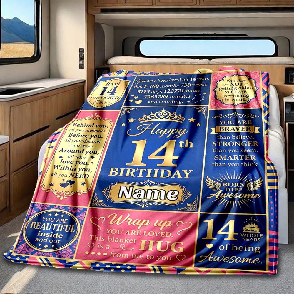 14Th Birthday Celebration Blanket Personalized Name Soft Comfortable Stylish Blanket Car Blanket Perfect For Travel Camping Outdoor Home Suitable For