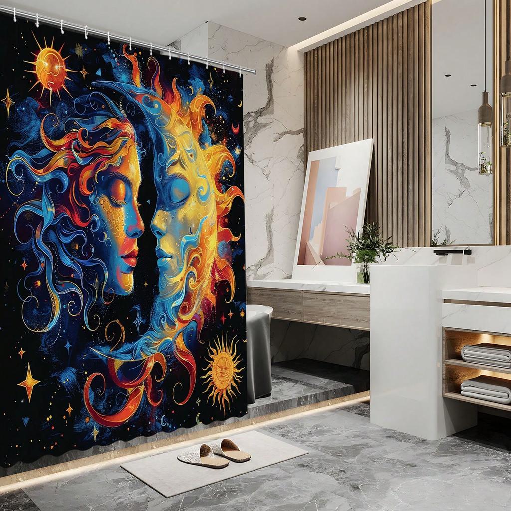 Boho Mid Century Shower Curtain Celestial Sun Moon Love Stars Fantasy Galaxy Shower Curtains Hippie Cool Colorful With 12 Hoo