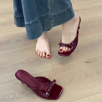 Zomer Dames Vierkante Neus Hoge Hak Slippers Mode Vlinderknoop Jurk Slide Dames Avondfeest Sandalen