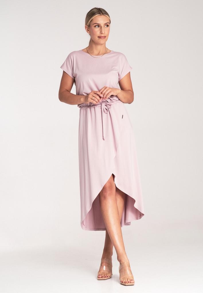 Asymmetrical Midi Dress - Dress With Tie - M1041 Pink Xl