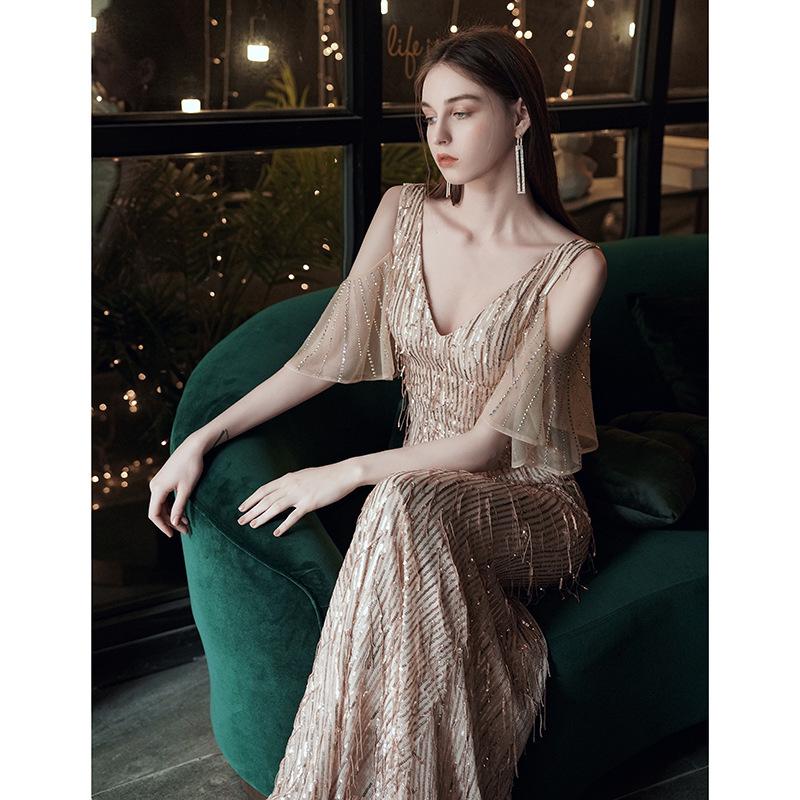 Annual Meeting Host Dress 1011 New Summer Champagne Style Temperament Fishtail Skirt Elegant Banquet Evening Dress