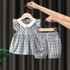 Toddler Girl Summer Plaid Set With Peter Pan Collar Top And Pants Cute Princess Two Piece Outfit For Baby