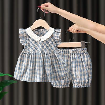 Toddler Girl Summer Plaid Set With Peter Pan Collar Top And Pants Cute Princess Two Piece Outfit For Baby