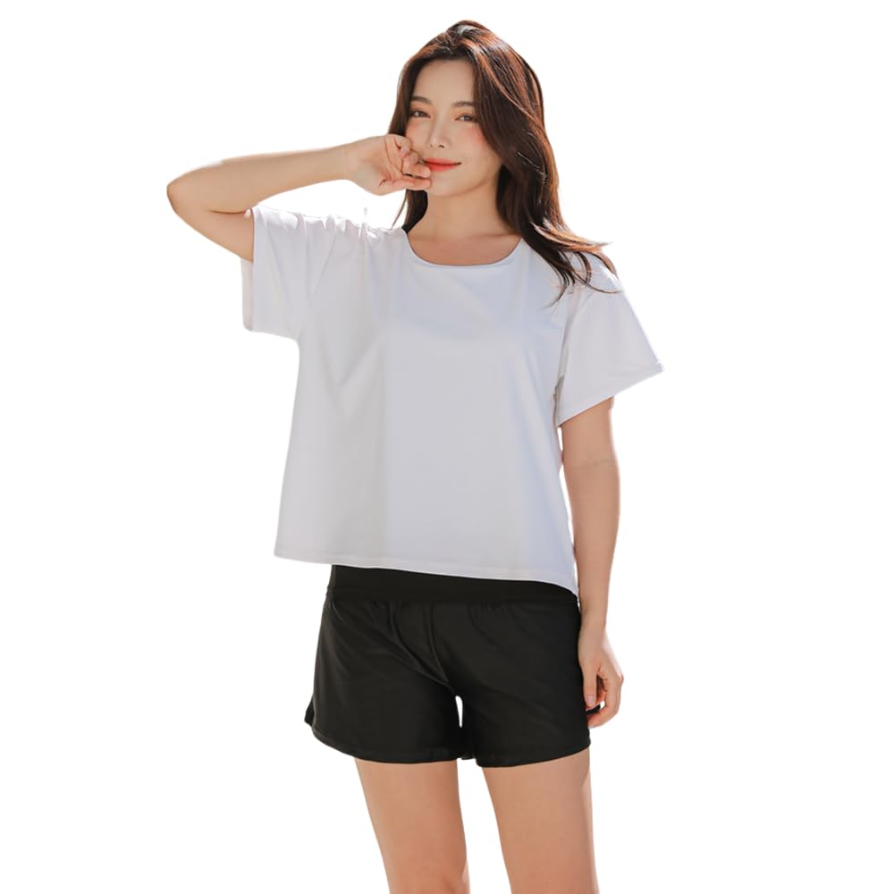 

размер тела M [RAVIR] Женский купальник, закрытый, набор из 2 частей, многослойный, с шортами, белый/черный,