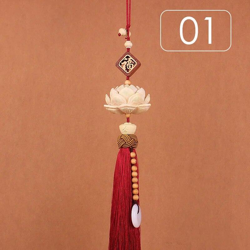 Chinese Style Lucky Fu Wooden Carved Lotus Buddha Statue Pendant Creative Gift Home Car Hanging Accessories Decor Auto Interior