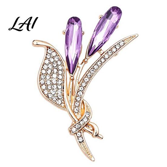 Women Branch Pin Ear of Wheat Brooch with Rhinestone Faux Purple Crystal Vintage Badge Lapel Pin Dainty Jewelry for Coats Sweaters Scarves
