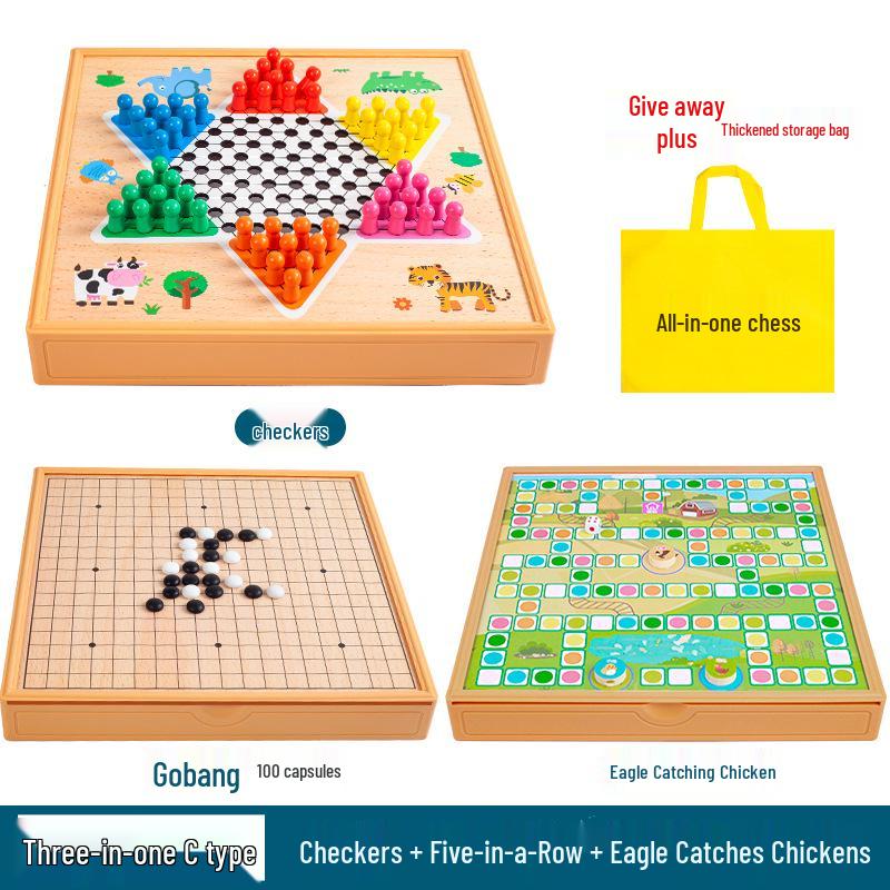 Multi-game Board Set: Ludo, Five-in-a-Row, Chinese Chess, Checkers, Animal Adventure, Kids' Chess