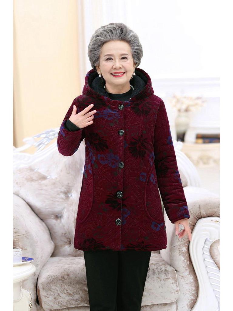 Grandma's Velvet-Lined Corduroy Hooded Winter Coat for Elderly Women