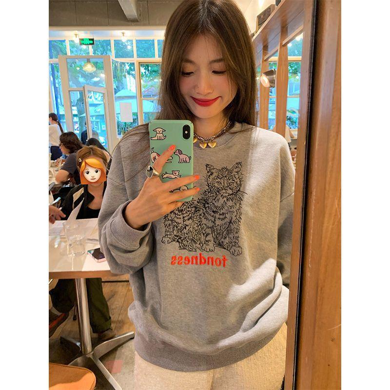 Crew neck sweater women's velvet outer wear graffiti cat personalized printing loose women's sweater