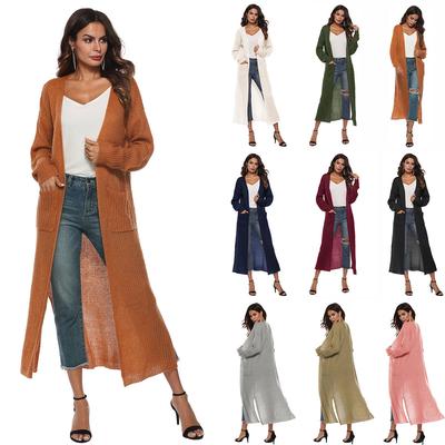 Women Long Sleeve V Neck Longline Cardigan Solid Color Pocket Front Slit Hem Knitted Sweater Open Front Coat