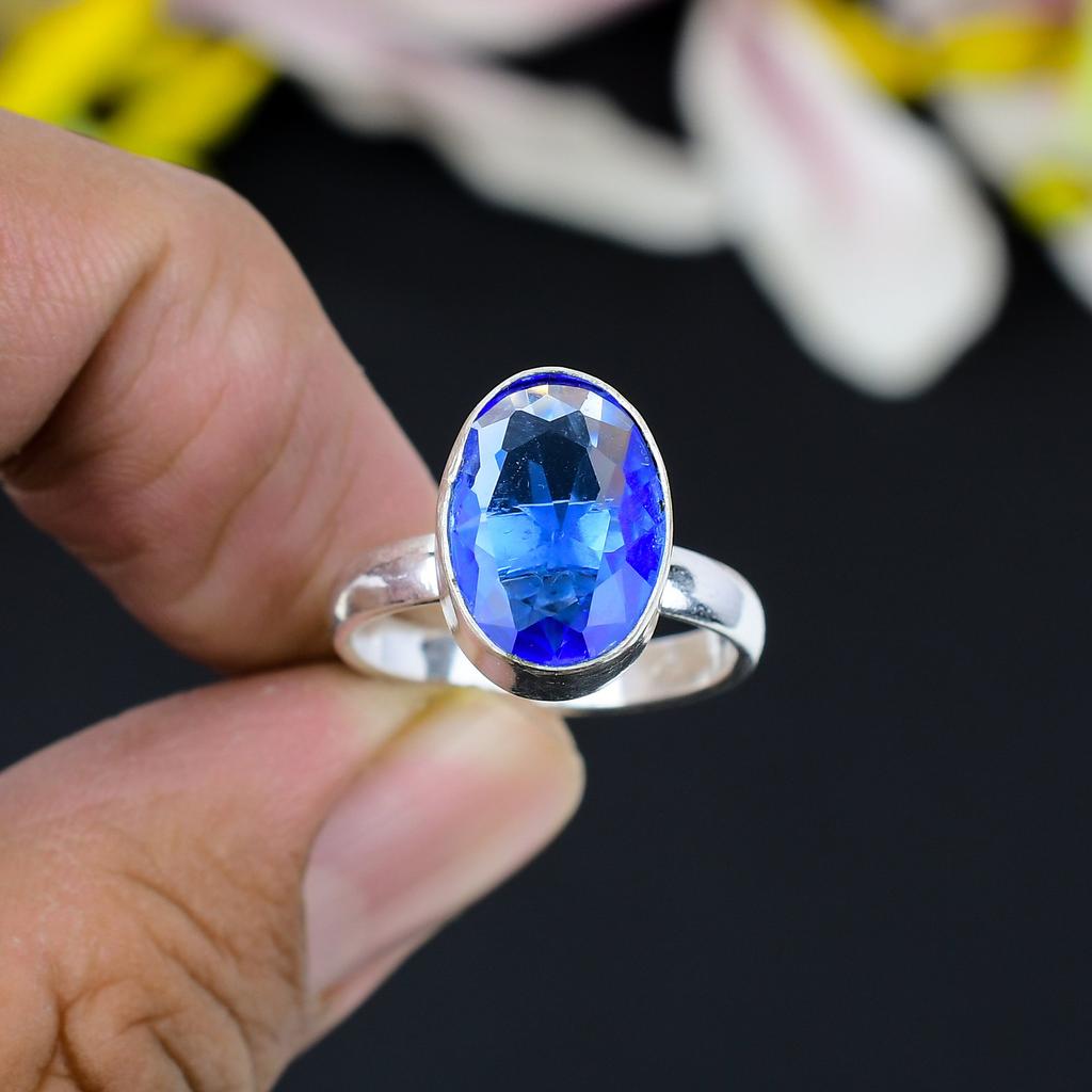 Tanzanite Quartz Gemstone Handmade 925 Sterling Silver Jewelry Ring Size 9 KG-365
