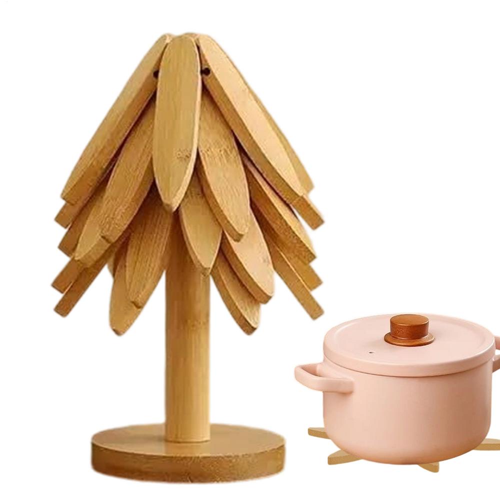 Wooden Trivet Tree Foldable Insulation Tripod Christmas Tree Pot Holder for Hot Dishes Bowls Cups Drinks Teapots Tableware