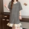 Medium and Long Striped Short-sleeved T-shirt Skirt Women's Summer Dress Large Size Slightly Fat Mm Pear-shaped Body Ruffle Edge Splicing Dress