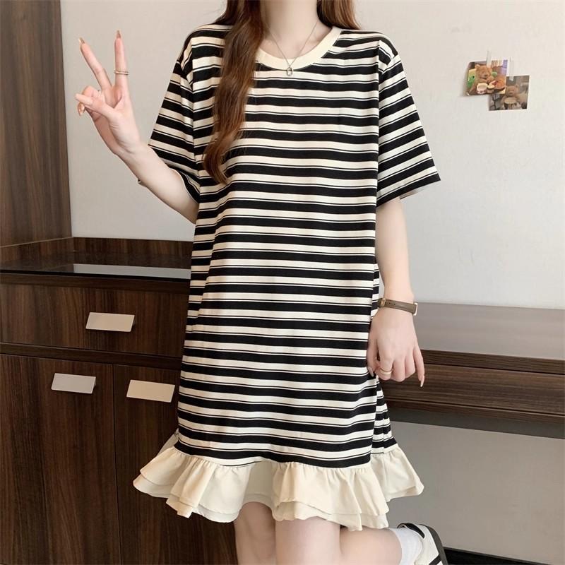 

Medium and long striped short-sleeved t-shirt skirt women s summer dress large size slightly fat mm pear-shaped body ruffle edge splicing dress S