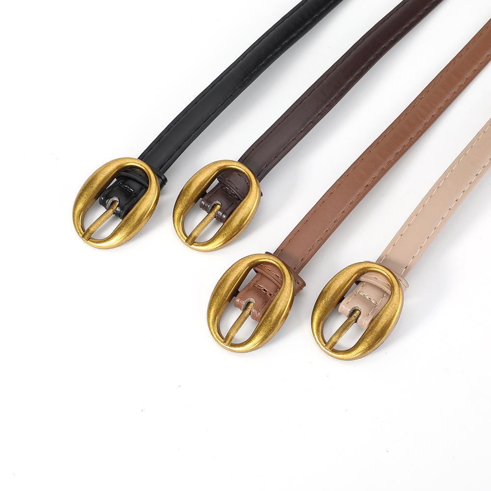 Women's French Retro Oval Buckle Leather Belt - Versatile and Slim for Skirts, Shirts, and Pants.