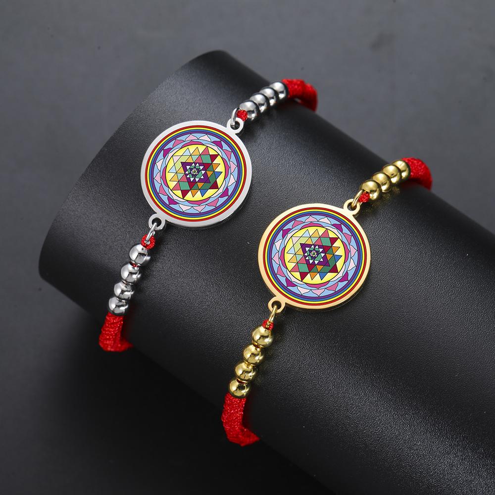 Dawapara Sri Yantra Bracelet Adjustable Braided Rope Sacred Geometry Mandala Chakra Spiritual Jewelry Stainless Steel