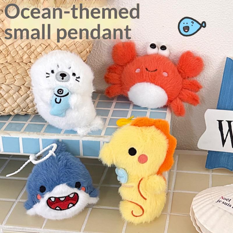 Cute Ocean Animal Plush Keychain Shark Crab Seahorse Seal Mini Fluffy Doll Pendant Bag Hanging Ornament Key Car Decor Kid Gift