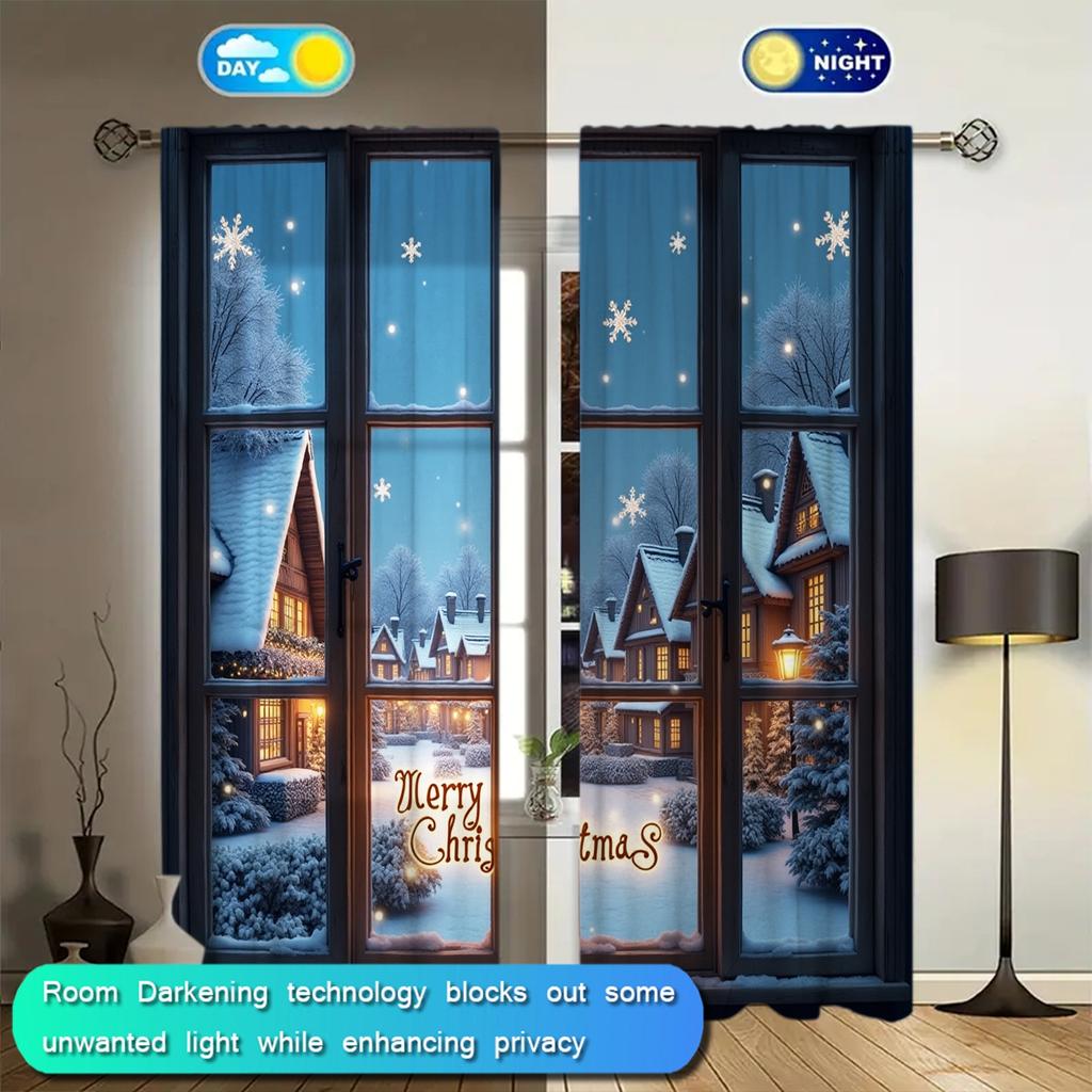 2pcs Winter Night Christmas Printed Curtain for Christmas Home Decor - Rod Pocket Window Treatment for Bedroom Office Kitchen