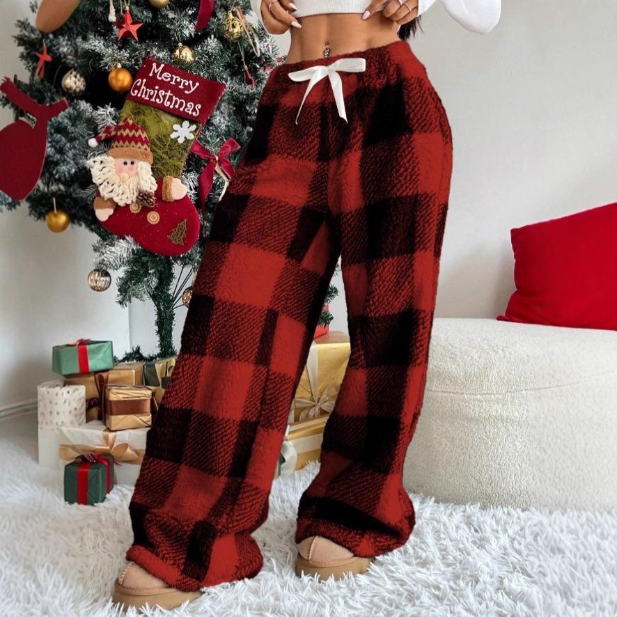 New Style Women's Pants - Winter Edition - Retro Elastic Checkered Straight-leg Loose-fitting Thick and Warm Casual Pants