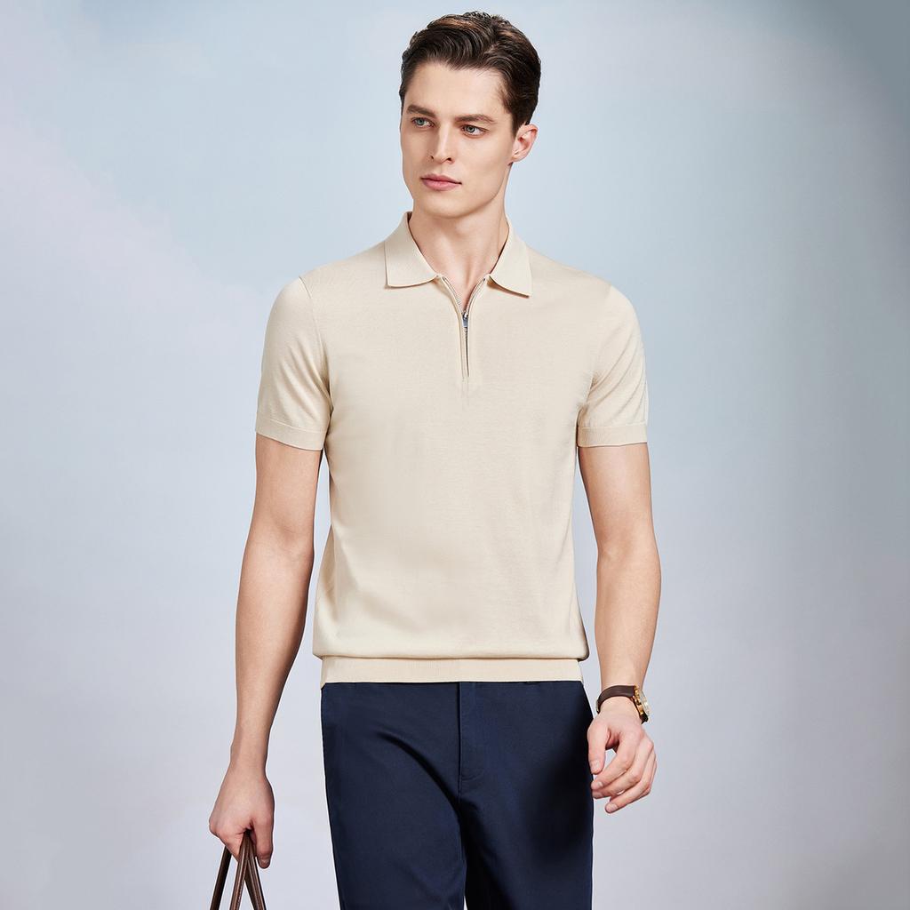 Thin zipper collar polo shirt with white factory silk and long staple cotton, men's short sleeved knitted T-shirt with mulberry silk